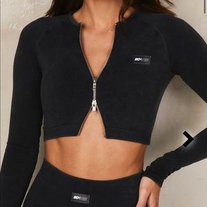 Bo&Tee seamless acid wash zip crop top in black